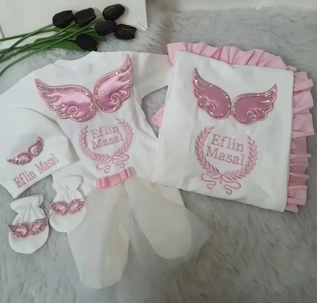 Dollbling Hospital Exit 5pcs Embroidery Name Newborn Angle Wings Romper Blanket  Nursery Bedding Swaddle Handmade Infant Outfit
