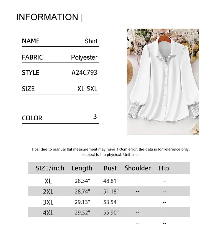Plus Size 2025 Spring and Summer New Women's Casual Puff Sleeve Blouse Solid