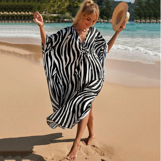 Plus Size Womens Animal Print Kaftan Dresses Caftans Swimwear Coverups Summer Bathing Suit Long Beach Dress