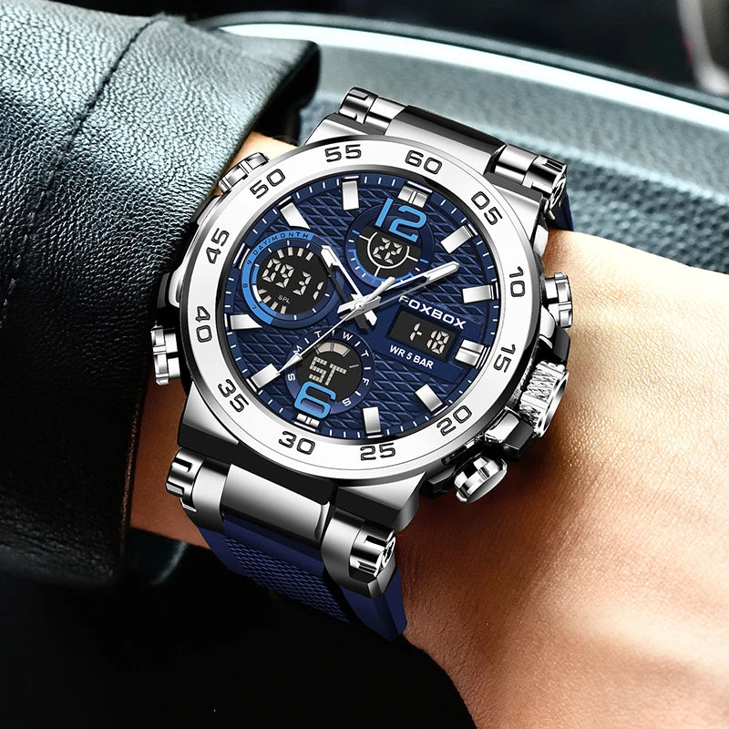 FOXBOX Fashion Dual Display Watch Men Casual Sports Waterproof Men Quartz Watch Silicone Luminous Analog Digital Watches For Men