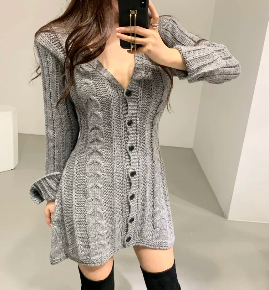 Sweater Dress for Women Long Sleeve Cable Knit Button Down Knitted Mini Dress for Women Teen-girl Fall Winter Chic Outfit