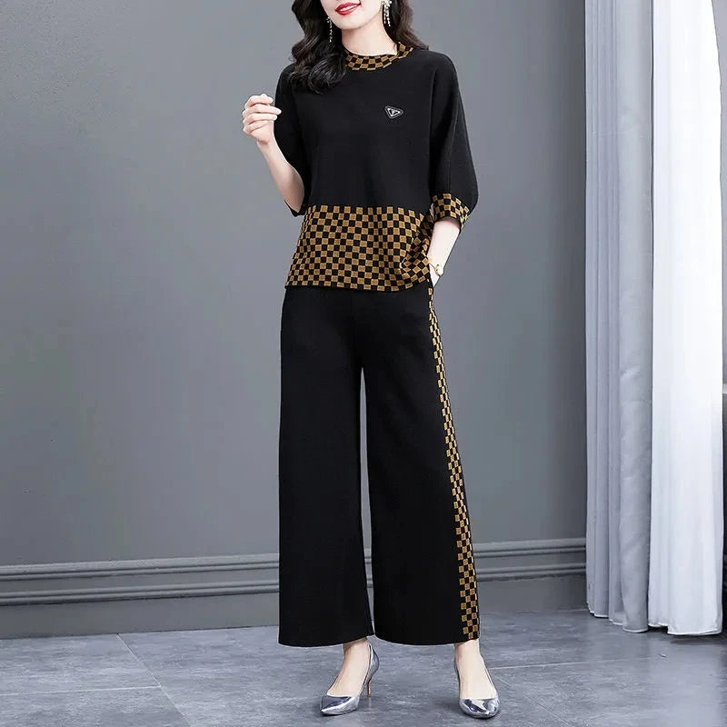 Noble Fashion Suits Spring Summer Middle Aged Mother Wide Leg Pants Sets Large Size Loose Tops + Casual Pants 2PCS Women Outfit