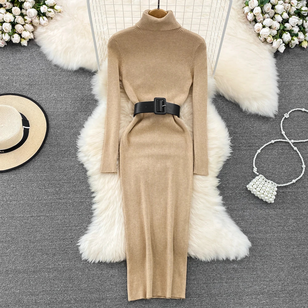 REALEFT Autumn Winter 2025 New Turtleneck Women's Knitted Dresses with Belted Long Sleeve Elegant Bodycon Wrap Dress Female