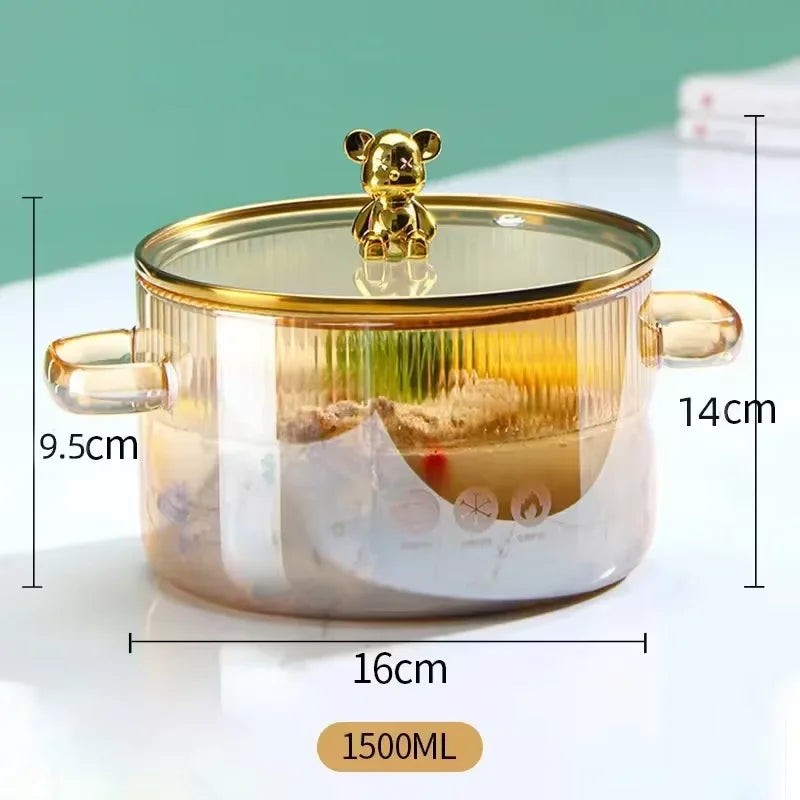 1500ML Clear Glass Saucepan with Dual Handles Soup Cooking Pot with Cover Heat Resistant Kitchen Cooking Tools