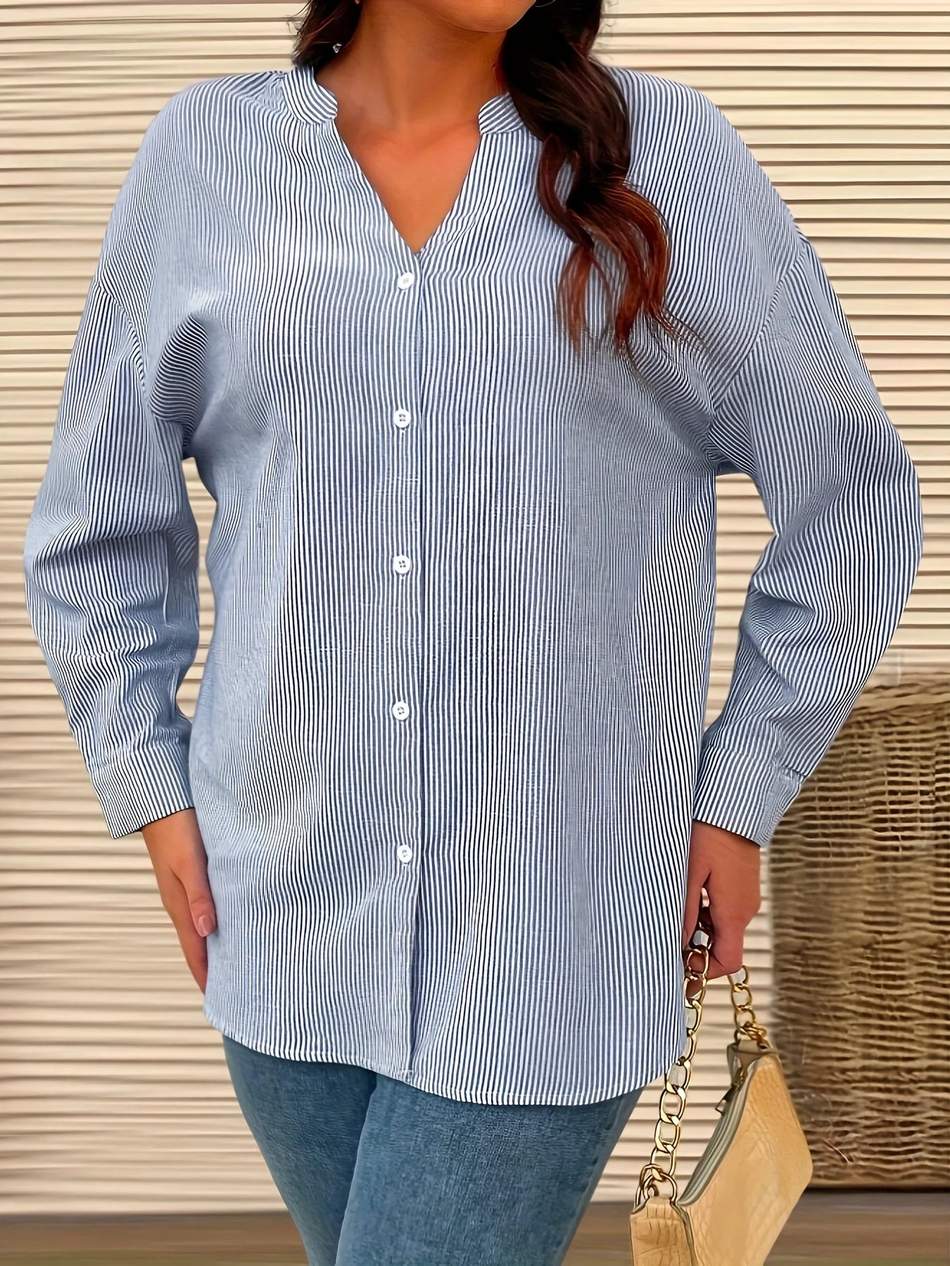 Plus Size Casual Women's Shirt Office Lady Stripe Curve Clothing Fashionable V Neck Long Sleeve Tops