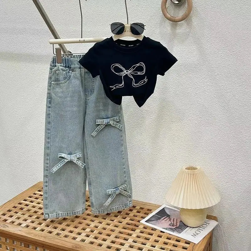 Summer Childrens Girls Clothing Sets Printed Bow Short Sleeve Top Jeans Suit Kids Girls 2pcs Sets 2-8 Years Girls Outfits