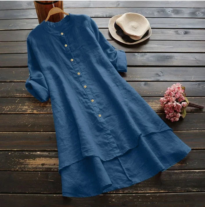 Fast Selling Spring SummerNew Women's Solid Color Button Cotton Linen Long Sleeve Long Length Shirt