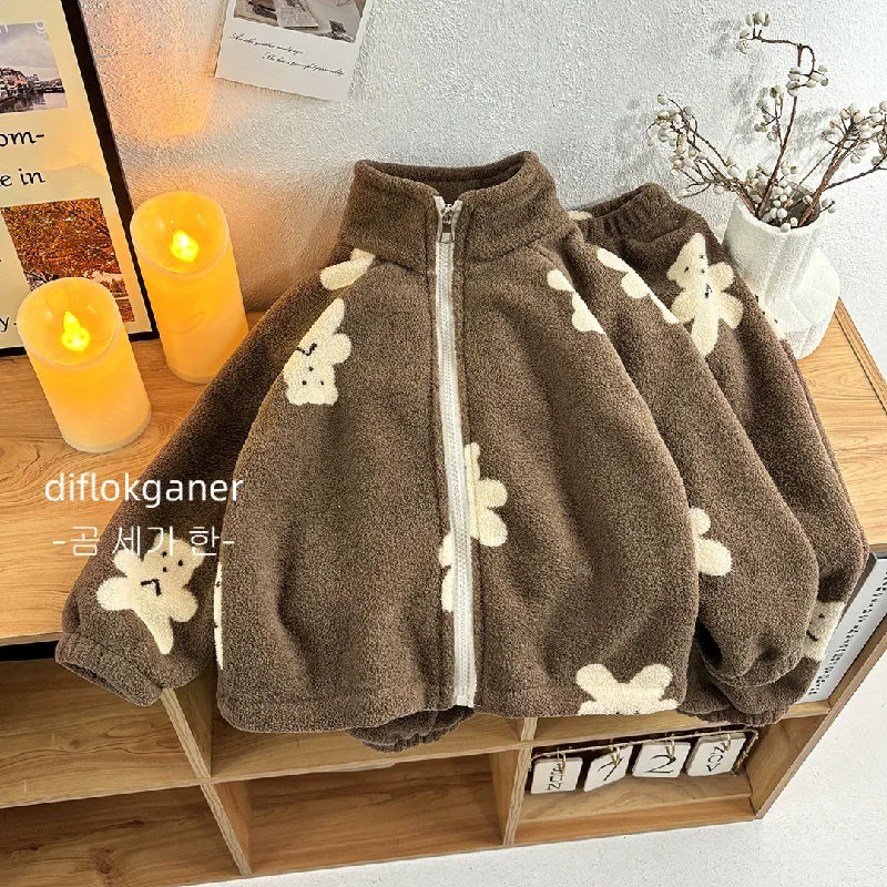 Winter Plush Warms Sets Kids Cartoon Thick Pajama Suits Girls Boys Fleece Long Sleeve Home Wear Outfits Children Clothes 1-10Y