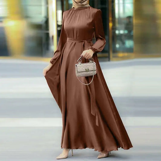 Muslim Daily Casual Solid Color Pullover Patchwork Long Skirt With Mid Waist Round Neck And Long Sleeves Dress