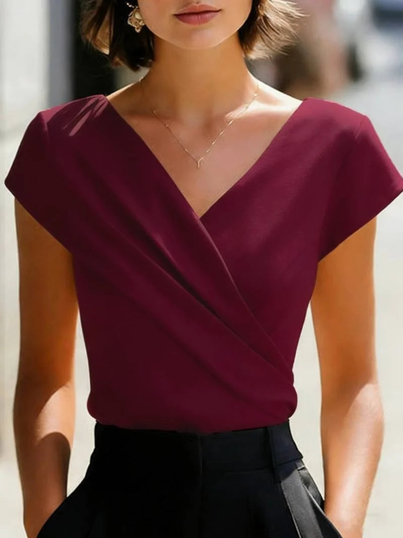 Elegant Satin V Neck Wrap Blouse for Women Short Sleeve Office Work Casual Tops