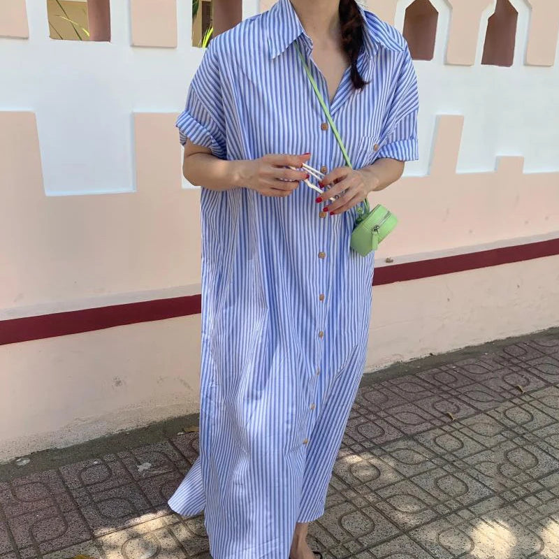 New Stripe Plus Size Loose Casual Shirt Dress Women Short Sleeve Button Up Summer Dress Office Lady Elegant Fashion Long Dresses