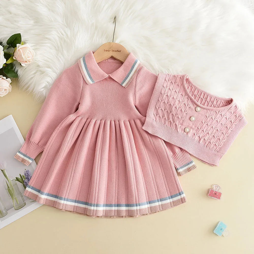Bear Leader Autumn Winter Girls Sweater Long Sleeve Dress Vest Stripe Party Girl Baby Retro Knitted Wool Dress Casual Vestidos