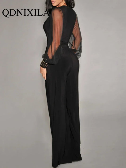 New In Spring Summer Women's Jumpsuit Black V-neck Mesh Splicing Straight One-piece Female Jumpsuit Sexy Streetwear Clothes