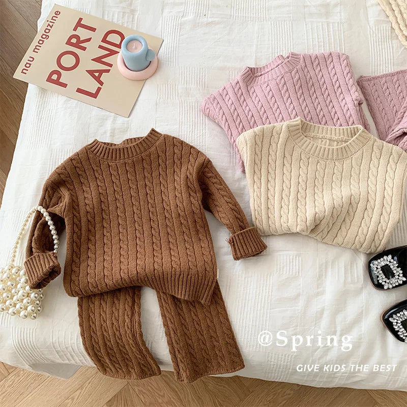 2025 Autumn Spring Korean Style Kids Knitted Clothing Set Long Sleeved Solid Color Knitted Pullover+Pants Baby Girl Clothes Suit