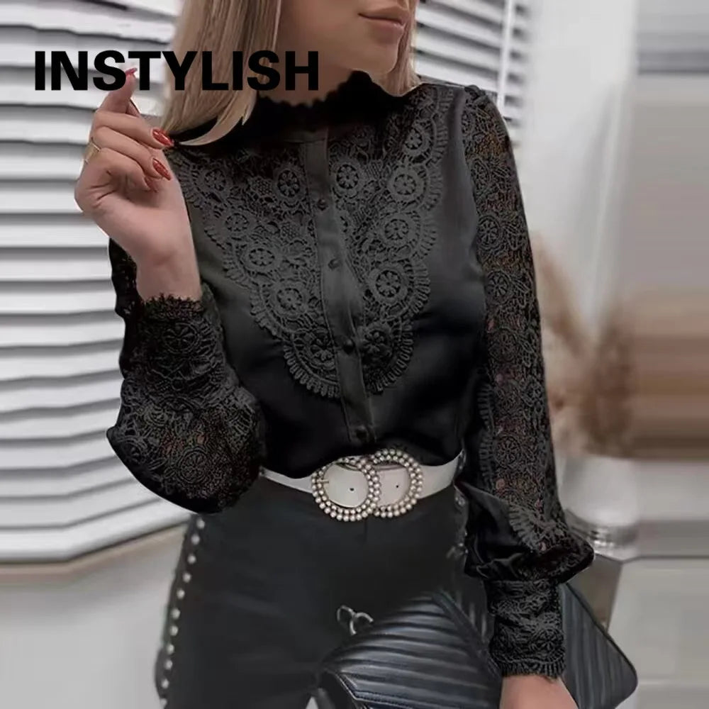 Summer Floral Embroidery Lace Blouse Fashion Women V Neck Casual Shirt Elegant Chic Short Sleeve Hollow Out Tops Elegant Blusas