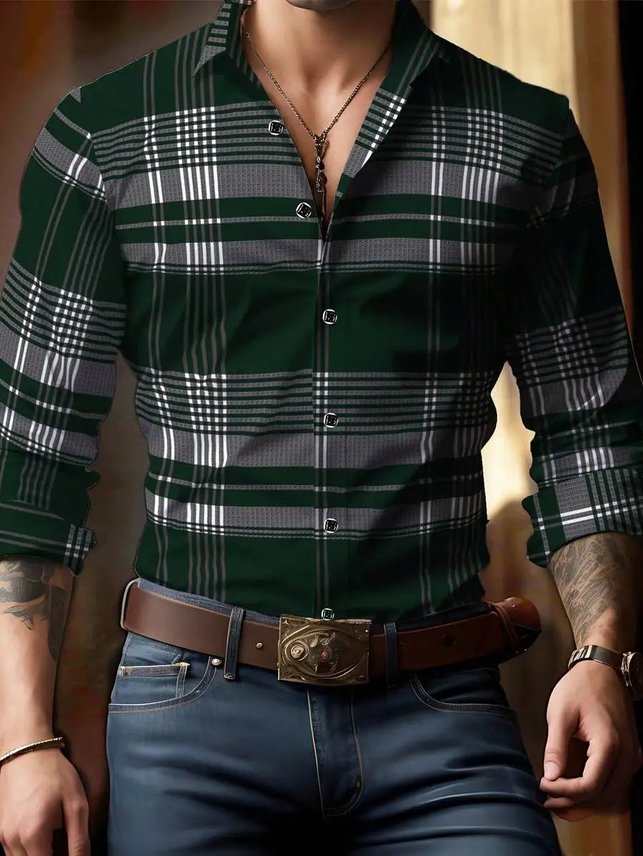 Men's Long Sleeve Plaid Shirt, Classic Fit, Button-Down Collar, All-Season Casual & Business Wear