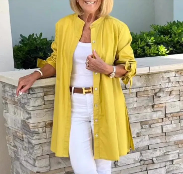 Single-button Turn-collar Elegant Commute Cardigan Shirts Solid Color Long-sleeve Cotton Shirt Slim Fit Blouses