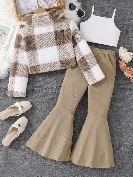 Autumn and winter girls' clothing 3-piece set with stand-up collar and down jacket   solid color vest   casual long pants set