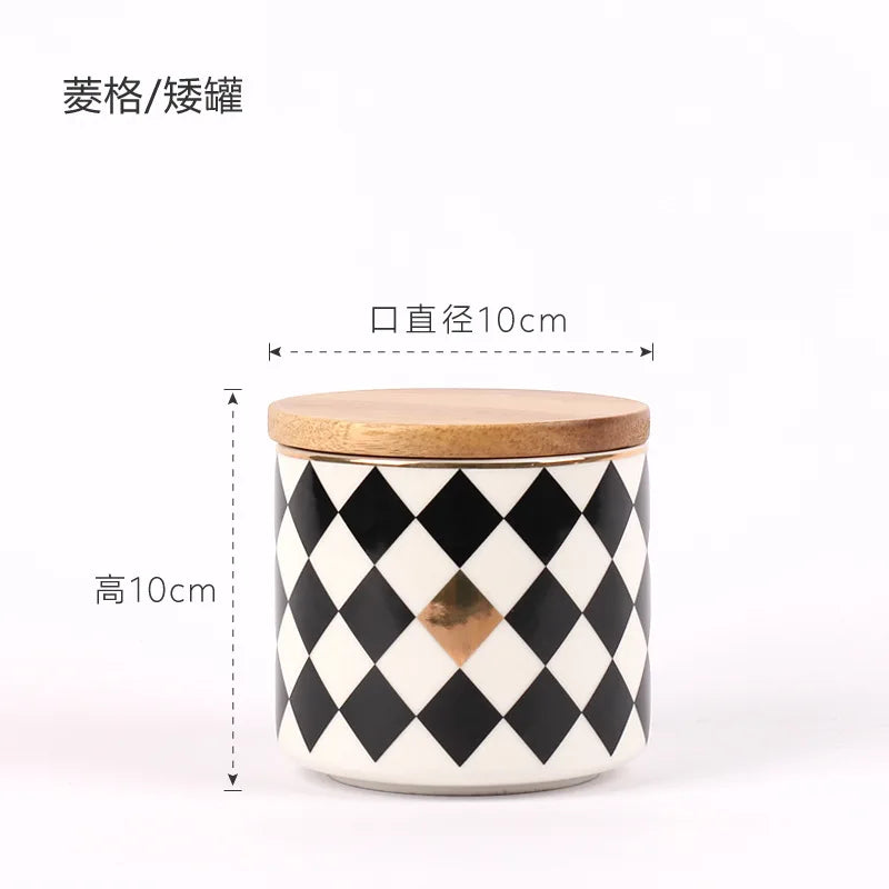Household Ceramic Sealed Tank Creative Grain Storage Tank Kitchen Storage Box Coffee Wooden Lid Sealed Tea Storage Supplies
