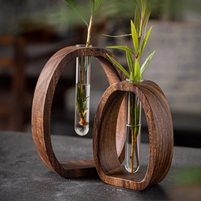2Pcs/set Walnut Wood Glass Hydroponic Plant Container, Desptop Terrarium Bonsai Home Decor - Glass Tube Vase & Walnut Wood Base