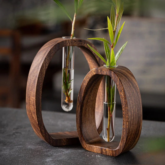 2Pcs/set Walnut Wood Glass Hydroponic Plant Container, Desptop Terrarium Bonsai Home Decor - Glass Tube Vase & Walnut Wood Base