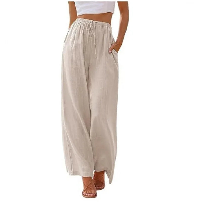 Women's Summer Linen Wide Leg Pants High Waist Elastic Drawstring Casual Loose Palazzo Trousers with Pockets