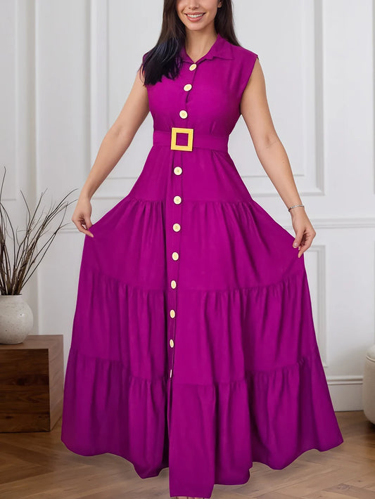 Women's Casual Solid Color Buttoned Belt Dress, Suitable for Spring and Summer
