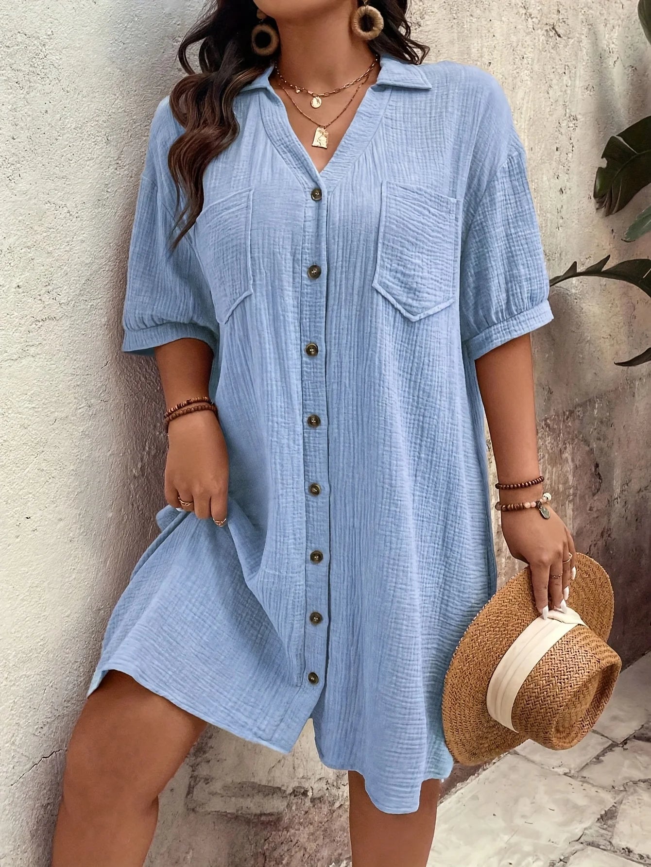 plus Size Casual Loose Women's Shirt Dress with Button-Up Collar Short Sleeve Commute Straight Cut Outdoor Dress