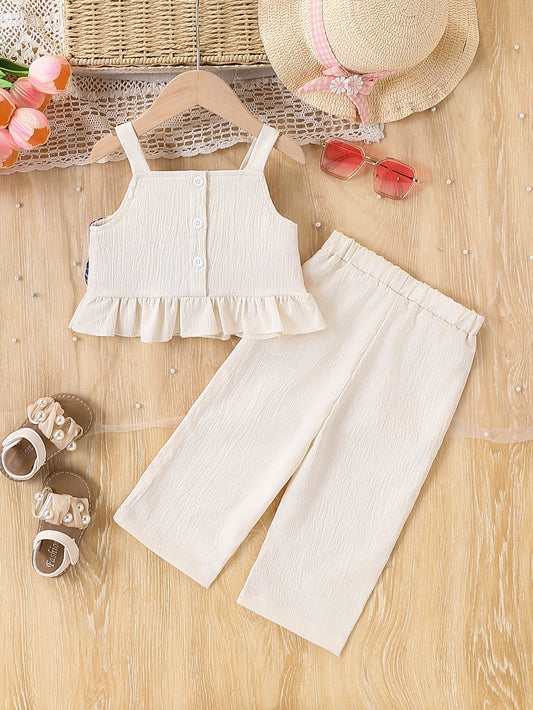 2-piece set of baby girl baby casual ethnic style lace decorative camisole top and open pocket straight leg pants, summer