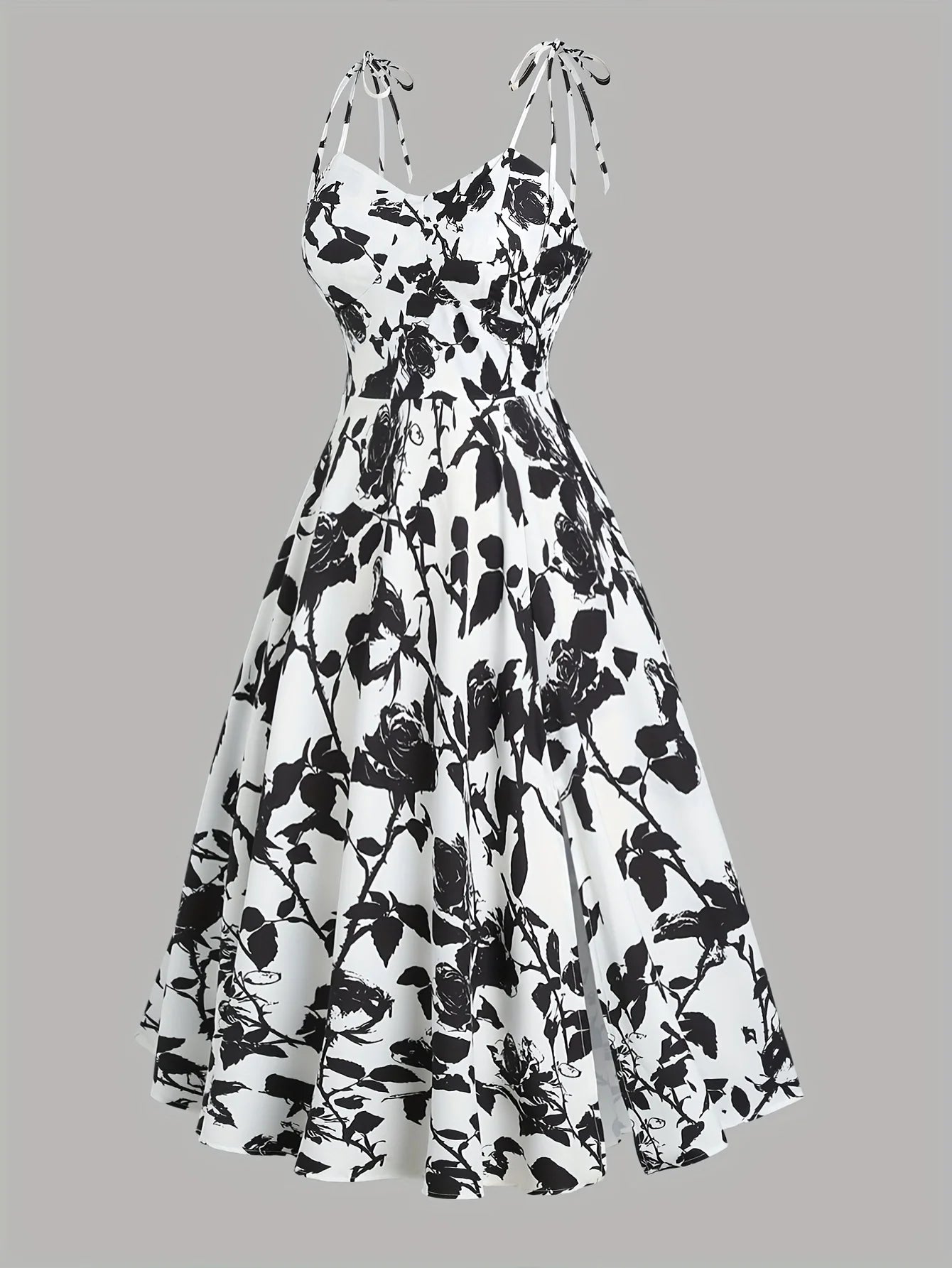 European and American fashion plus size women's new flower print A-line skirt bow tie slit dress
