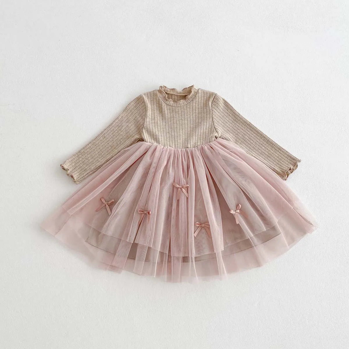 Autumn and Winter Fashion Toddler Girls Long Sleeve Mesh dress Pit Strip Ear Edge Bow Mesh Autumn and Winter dress Princess Gift