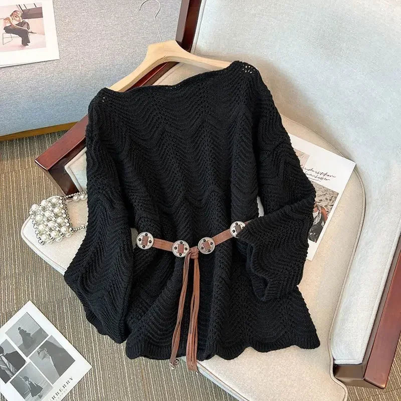 Slimming Knitted Sweater Long Sleeve Pure Color Belted Waist Design Fashionable Anti-Aging Large Size Women's Clothing