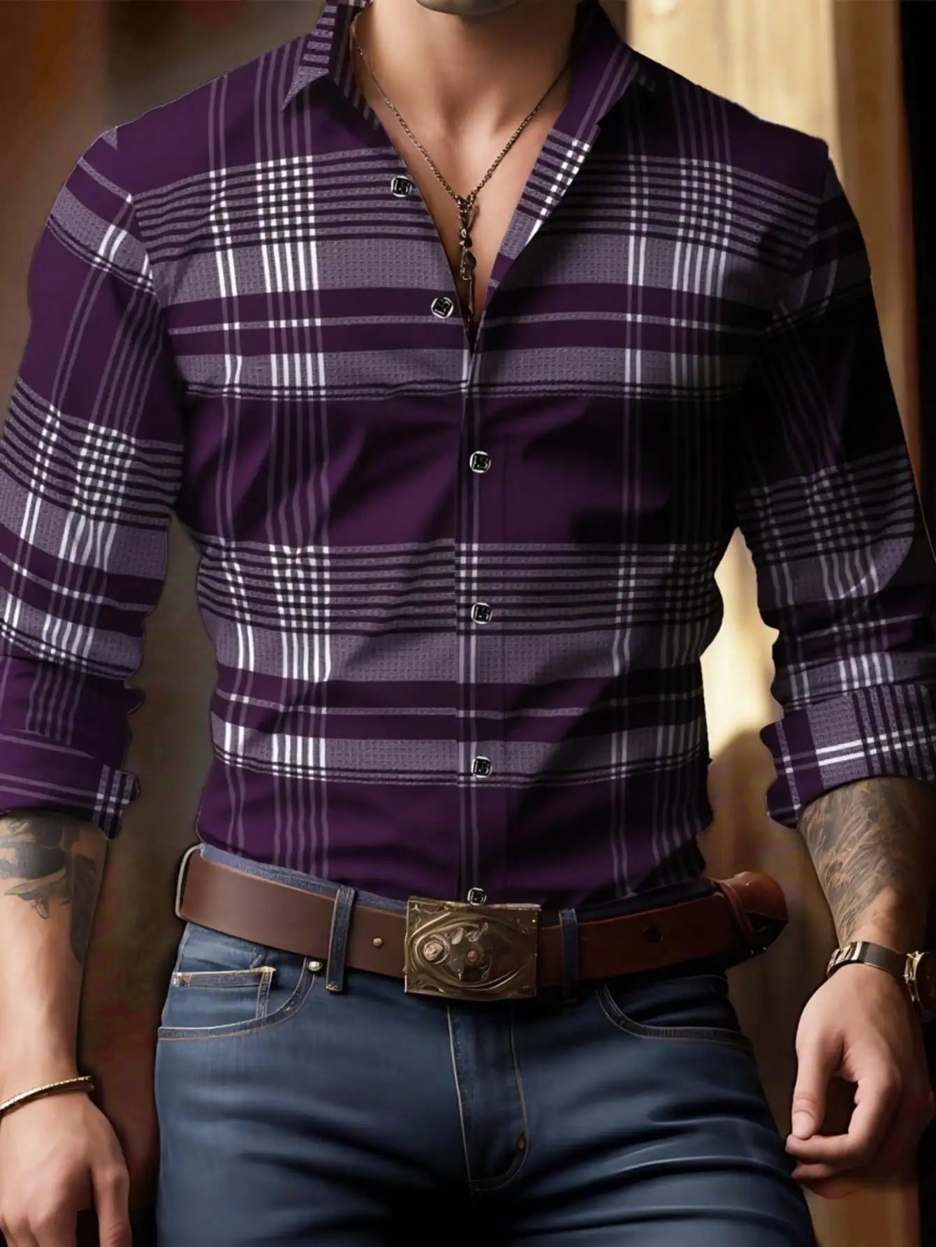Men's Long Sleeve Plaid Shirt, Classic Fit, Button-Down Collar, All-Season Casual & Business Wear