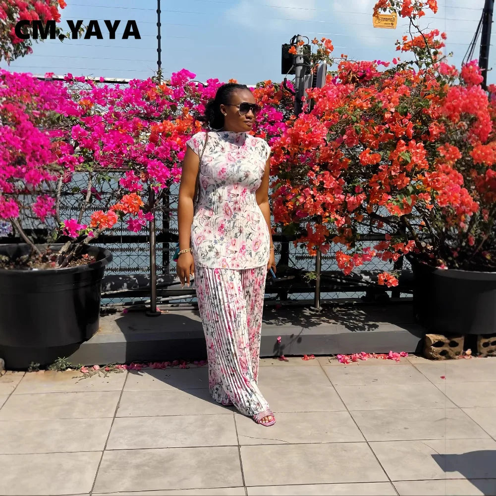 Women Set Floral Print Short Sleeve Pleated T-Shirt + Wide Leg Pants 2025 Street Sexy Two 2Piece Sets Outfits Tracksuit