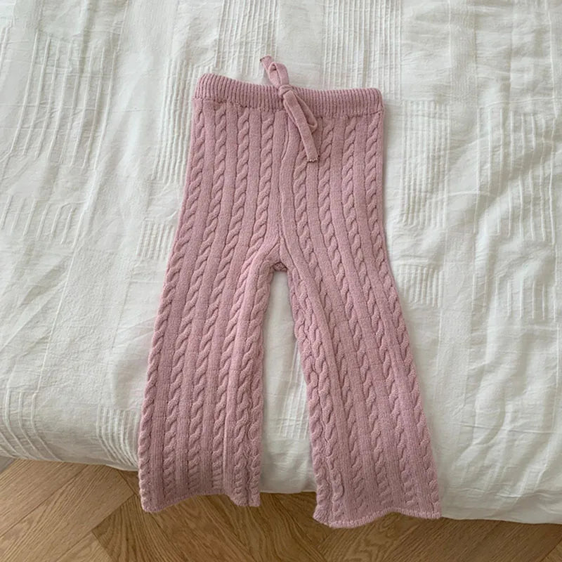 2024 Autumn Spring Kids Knitted Clothing Set Long Sleeved Solid Color Pullover Sweater+Pants Korean Style Baby Girl Clothes Suit