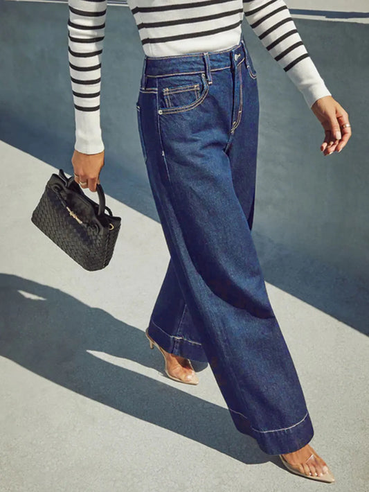 2025 New Summer Women's High Waist Wide Leg Jeans - Classic dark blue washed stretch jeans with button fly for an elegant style.