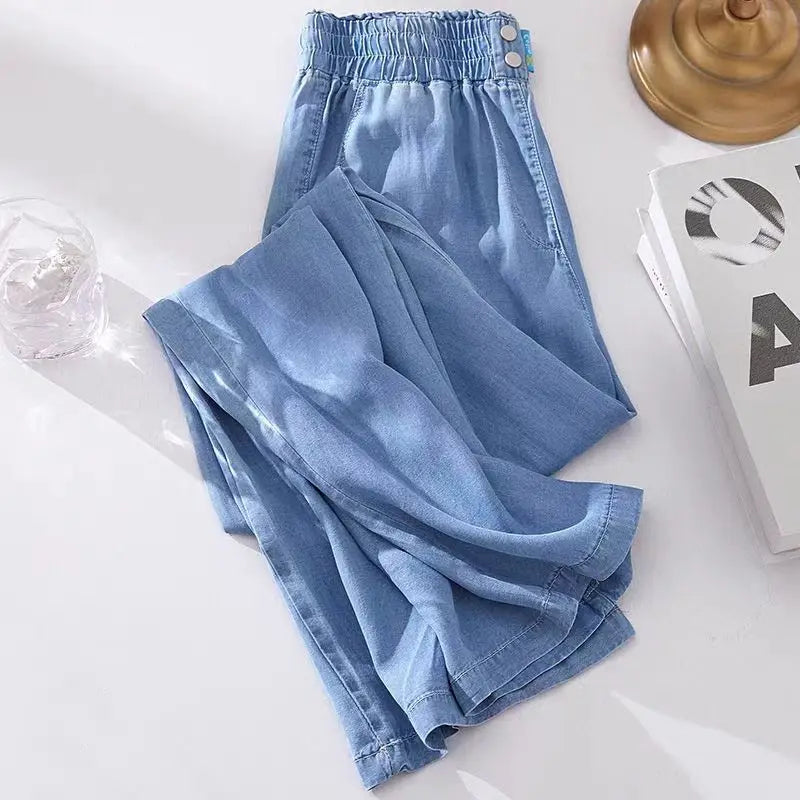 Women's Ice Silk Denim Pants Yoga Sports Thin Loose Style Summer Casual Wide Leg Harajuku Loose Waist