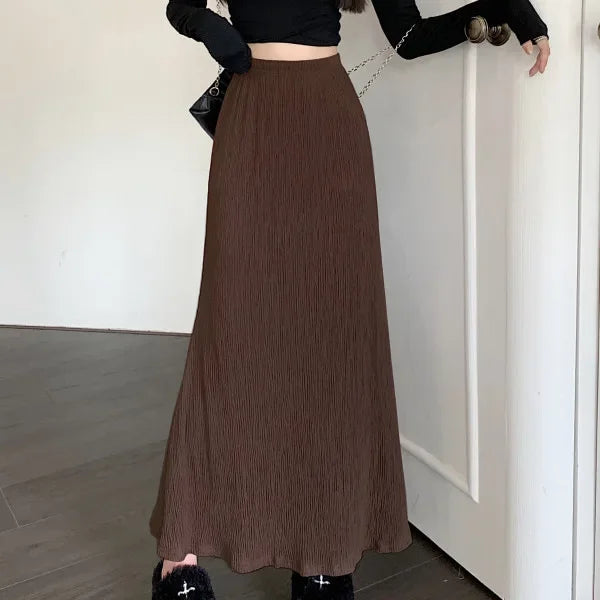 High Waist A- Line Pleated Skirt Women's Casual Lazy Style Spring Summer New Slimming Midi Dress Polyester Fiber Plain Color