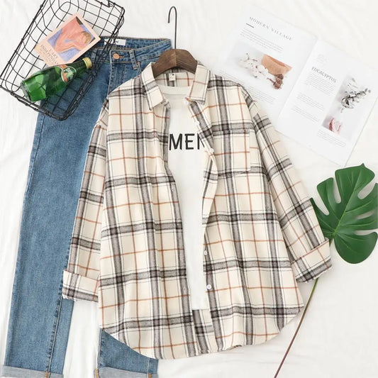 2025 Autumn New Casual Loose Plaid Shirt Women Fresh College Style  Long Sleeve Blouses and Tops Female Checked Shirts.Clothes