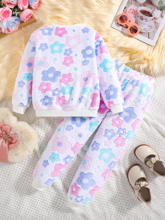 Autumn children's clothing set for girls, fashionable and comfortable home -2-piece set of multi-color coral fleece top and pant