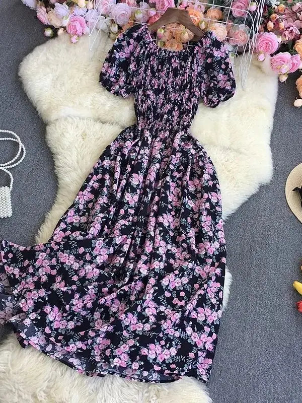 Beach Vacation Floral Print Dress Women Puff Sleeve Square Collar High Waist Dresses Korean Fashion Party Long Dress