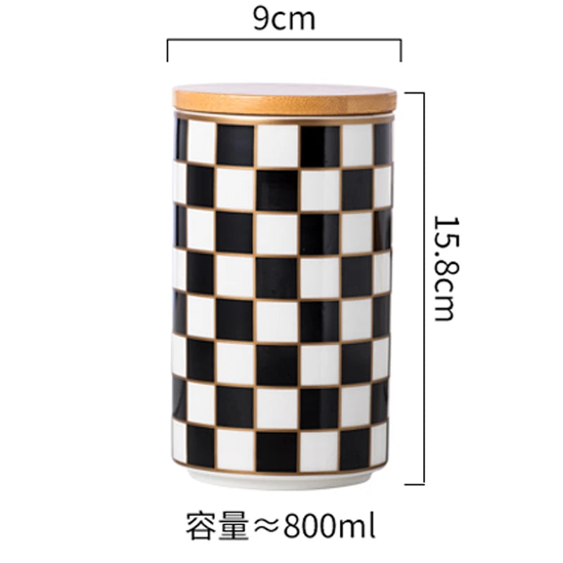 Black and White Lattice Storage Tank Checkerboard Sealed Tank Kitchen Storage Food Grade Ceramic Tank Box Tea Storage Tank
