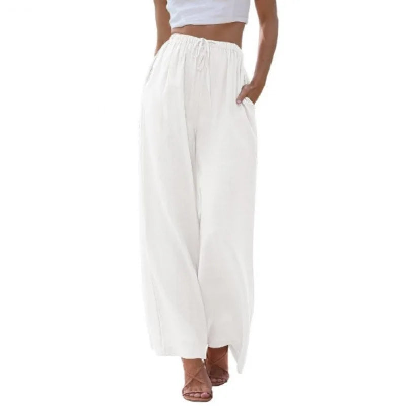 Women's Summer Linen Wide Leg Pants High Waist Elastic Drawstring Casual Loose Palazzo Trousers with Pockets