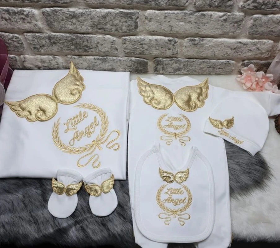 Dollbling Hospital Exit 5pcs Embroidery Name Newborn Angle Wings Romper Blanket  Nursery Bedding Swaddle Handmade Infant Outfit