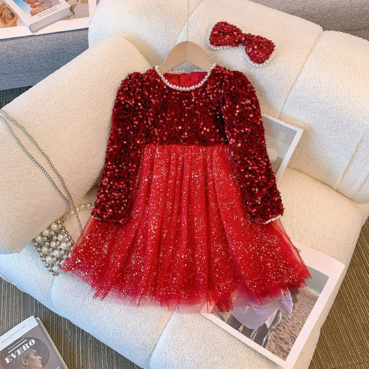 Girls Sequins Dress Spring Autumn Princess Gown Children Wedding Birthday Party Tulle Vestidos New Kids Fashion Clothing 3-8Y