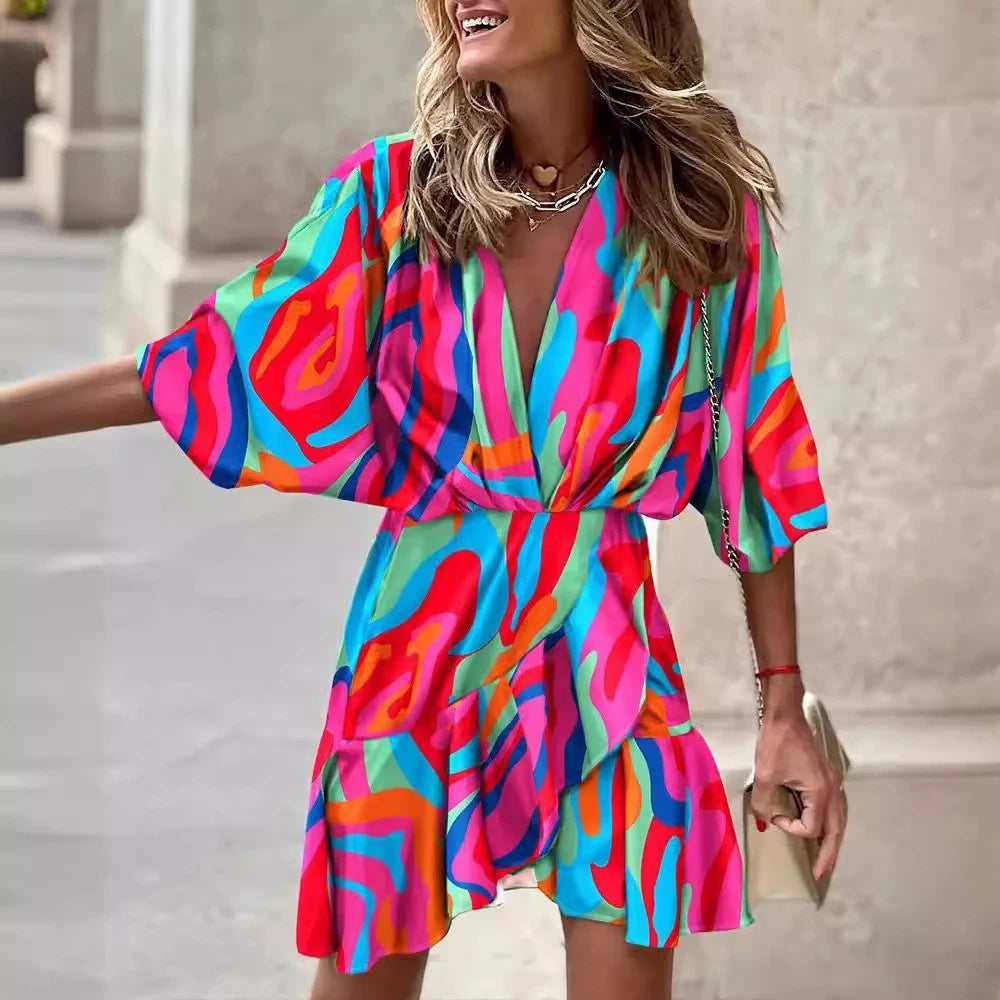 2024 Summer Women Boho Printed Long Shirts Elegant Dress Turn-down Collar Long Sleeve Female Casual Evening Maxi Dresses Party D