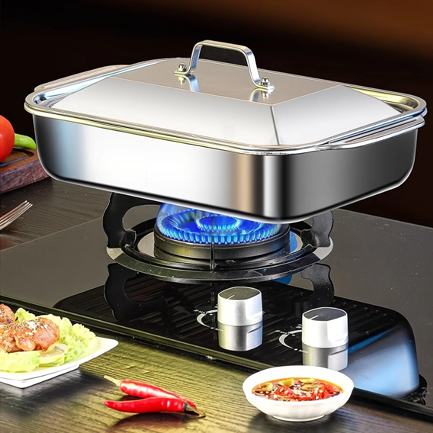 4-Piece Stainless Steel Baking Pan Set with Lids-16''x9'' Deep Dish for Fish/Pasta/Grilling Oven & Dishwasher Safe Cookware 4.2L