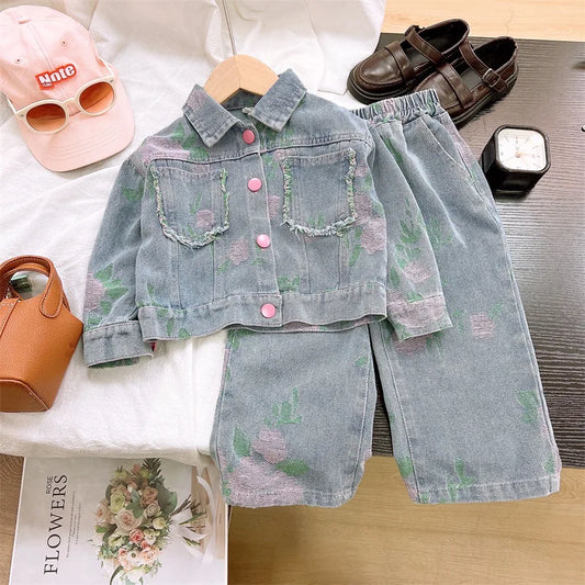 Girls' Clothing Sets 2025 Spring and Autumn New Children's Clothing Cute Denim Jacket Cardigan+ Straight Leg Jeans Kids Suit