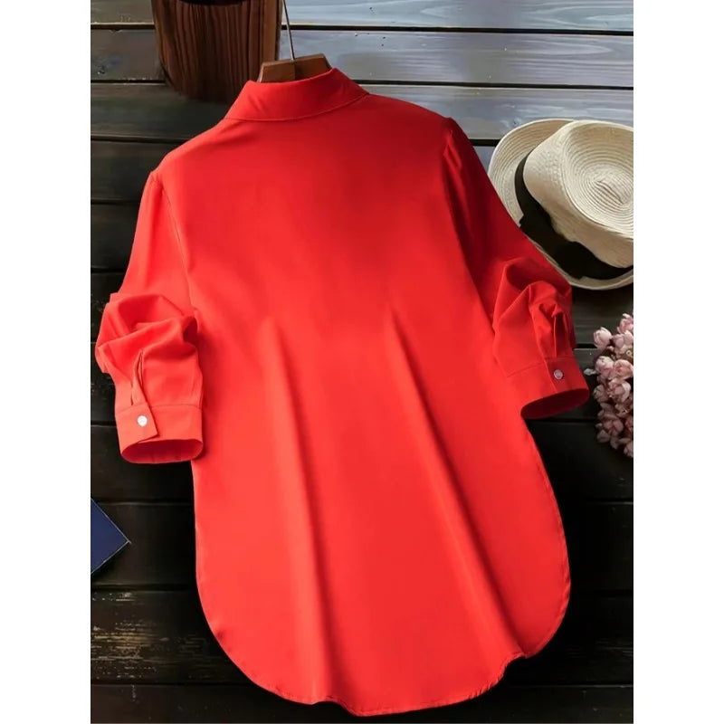 Plus Size  Women's Women's Autumn Fashion Solid Color Single Breasted Lapel Split Long Sleeved Shirt