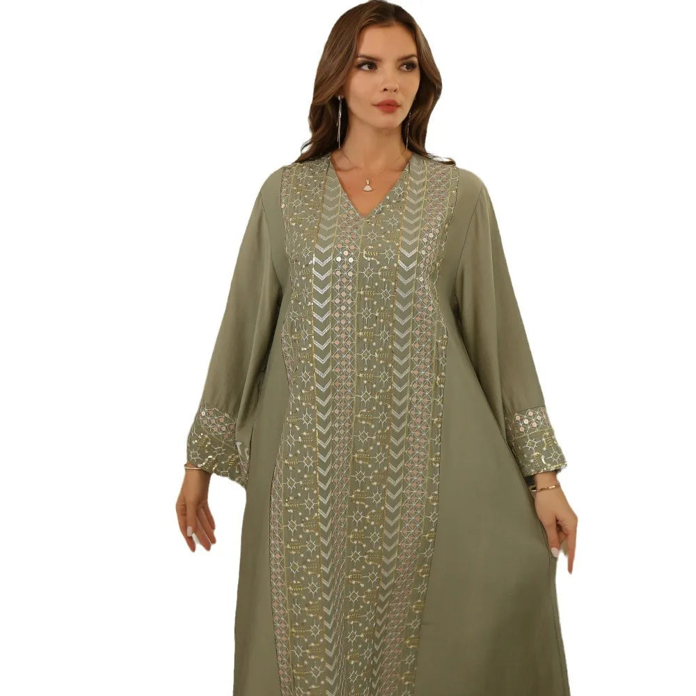 Elegant Middle East Women's Dress Floral Embroidery Shiny V-neck Muslim Festival Clothing Long Skirt Sleeve Petal Long Sleeve